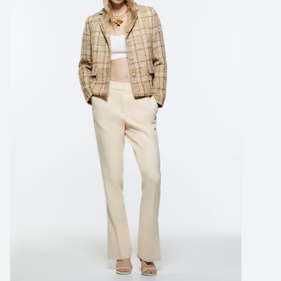 ZARA BEIGE METALLIC PLAID CROPPED TWEED BLAZER 2402/776 - M - Picture 1 of 10